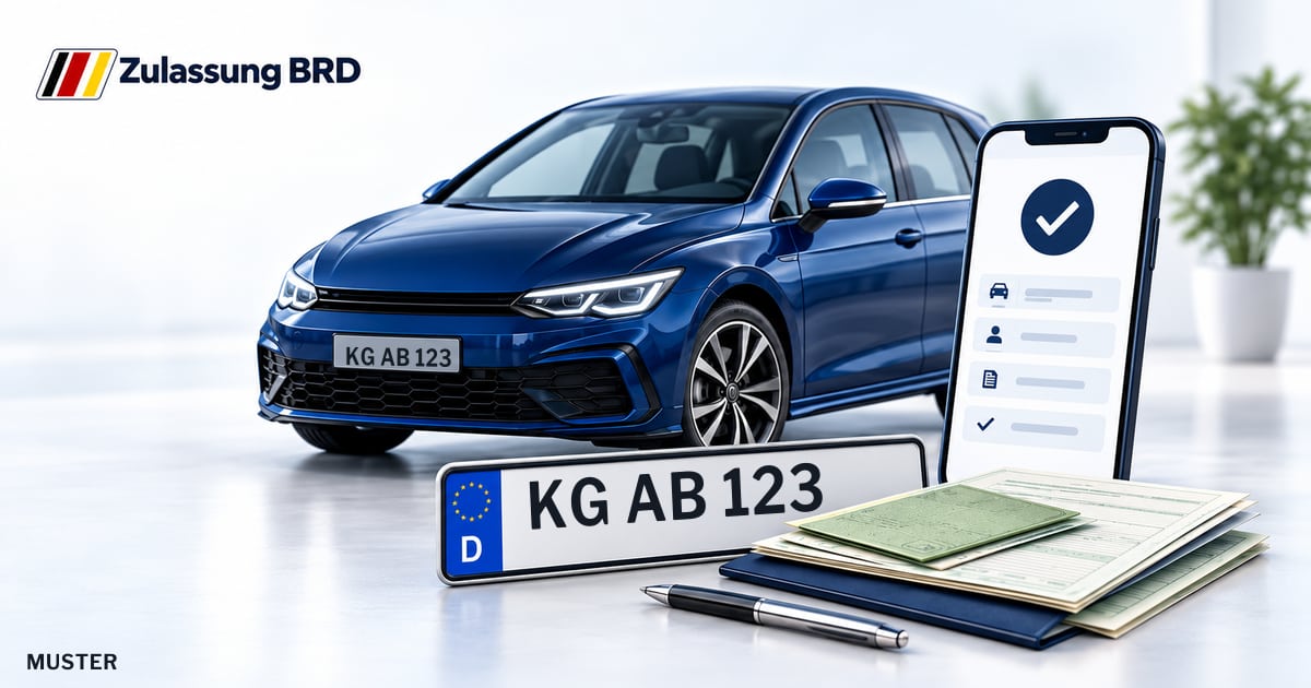 Online Fahrzeugzulassung in Landkreis Bad Kissingen: Musterkennzeichen KG AB 123, Auto und Fahrzeugpapiere und Smartphone. Illustration mit Logo von Zulassung BRD.